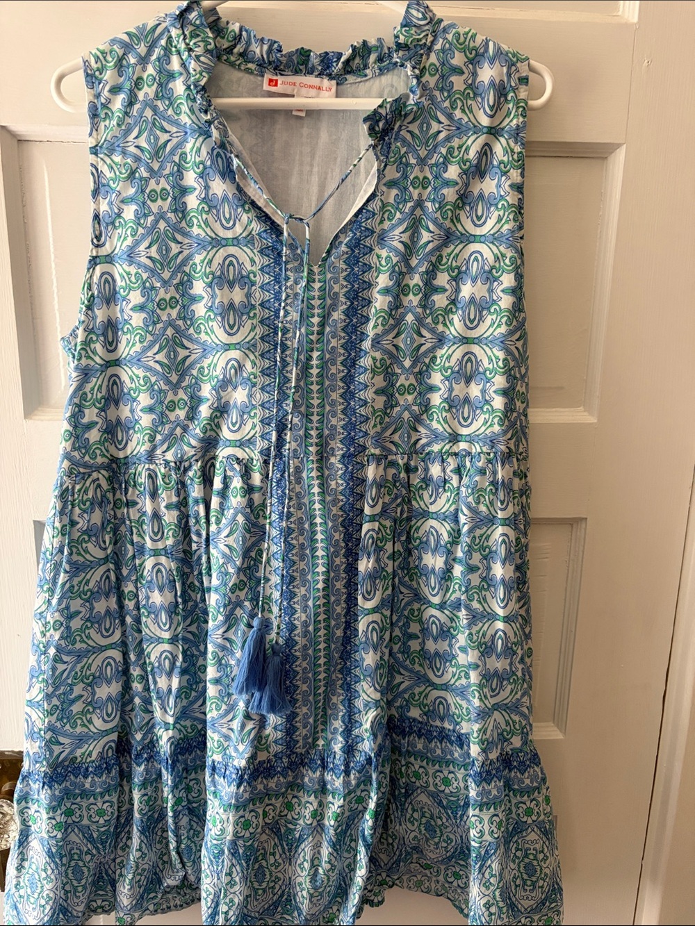 Jude Connally Blue and Green Paisley Ruffle Neck Mini Dess